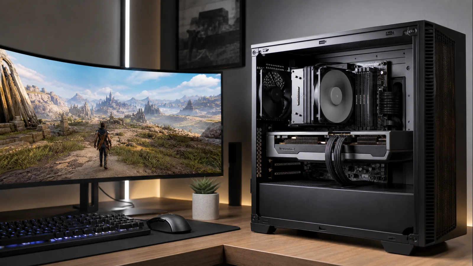 An AMD Radeon RX 9070 XT build with a balanced CPU, cooling, and memory configuration