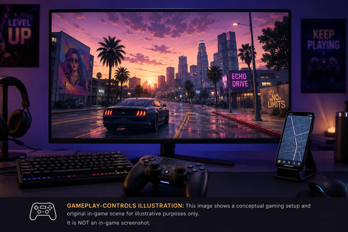 Controller, keyboard and smartphone beside an illustrative urban driving-game scene