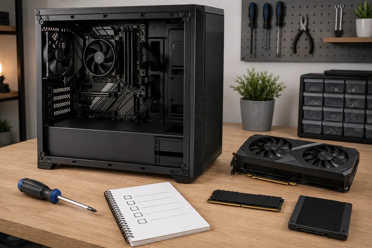 Open gaming PC with graphics card, memory and storage components arranged for inspection