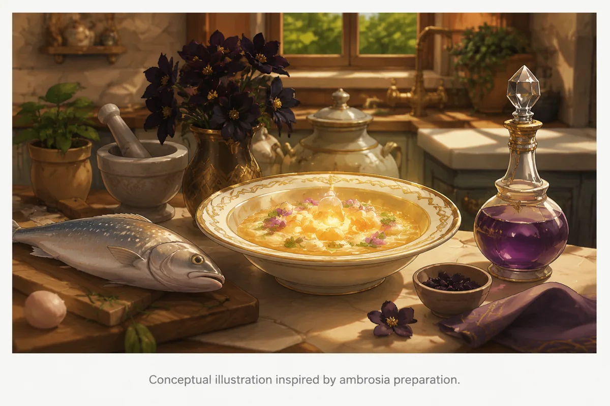 Stylized kitchen counter with a glowing prepared dish, fish, dark flower and small potion bottle