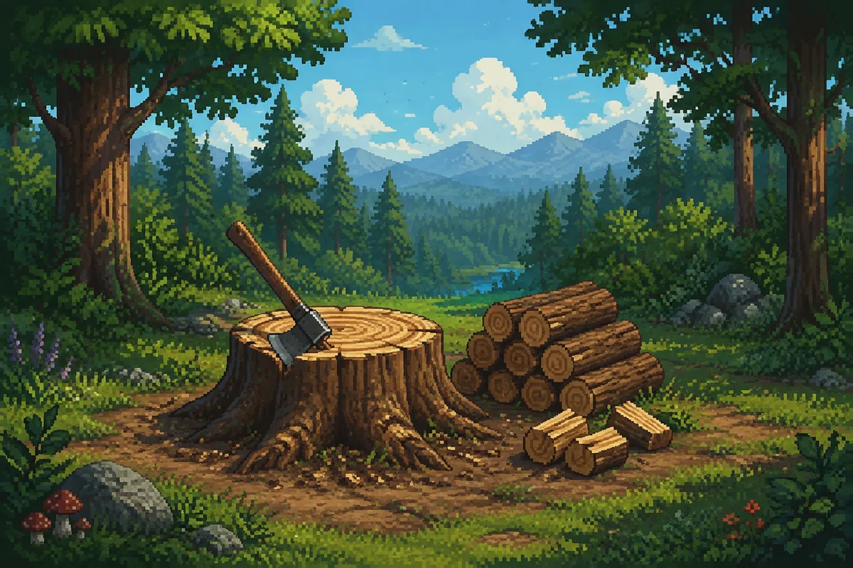 Pixel-art hardwood stump, axe and gathered wood in a forest clearing