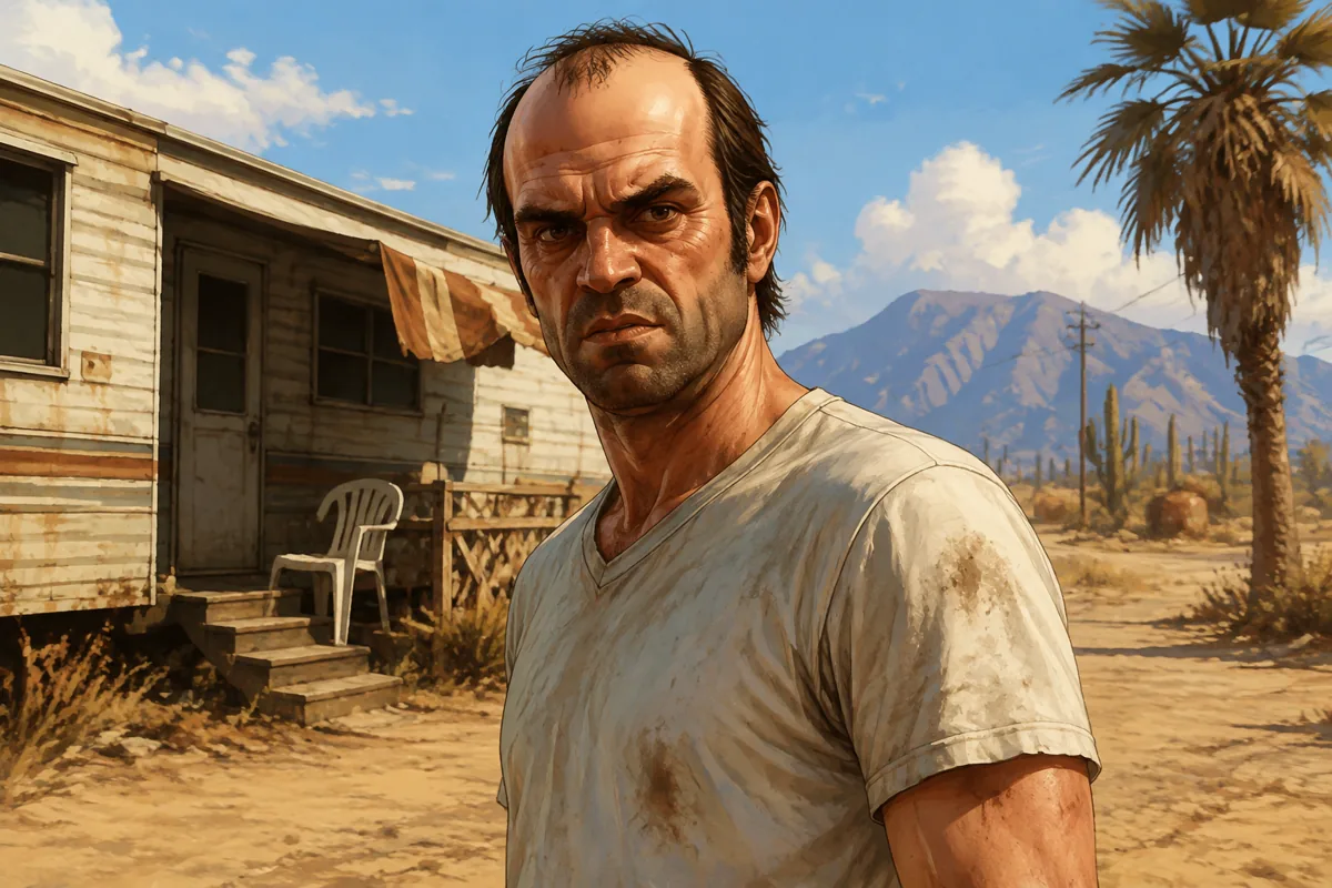 Unofficial illustrated portrait of Trevor Philips in a white T-shirt near a desert trailer